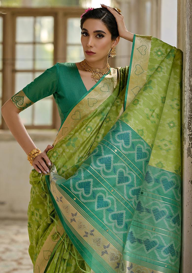 Green Printed Silk Saree Set