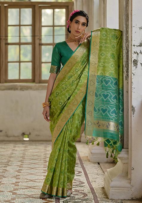 Green Printed Silk Saree Set