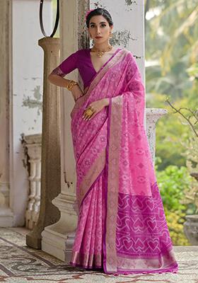 Pink Printed Silk Saree Set