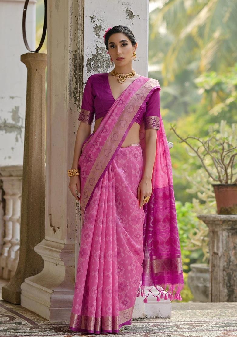 Pink Printed Silk Saree Set