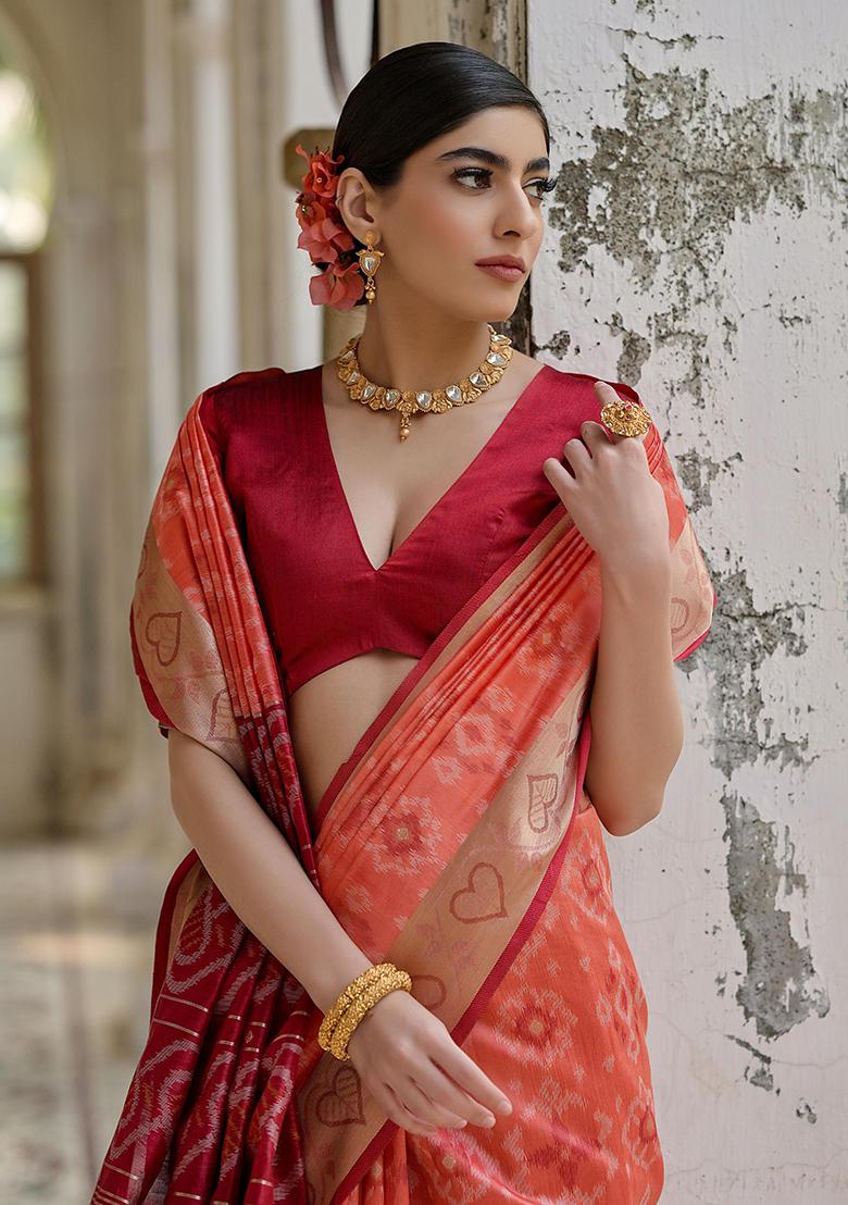 Rust Printed Silk Saree Set