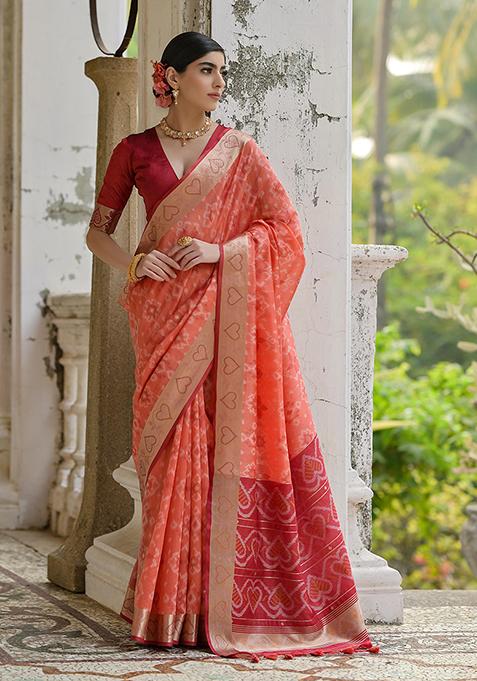 Rust Printed Silk Saree Set