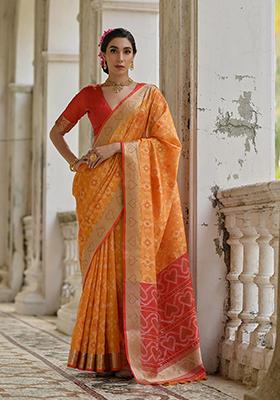 Mustard Printed Silk Saree Set