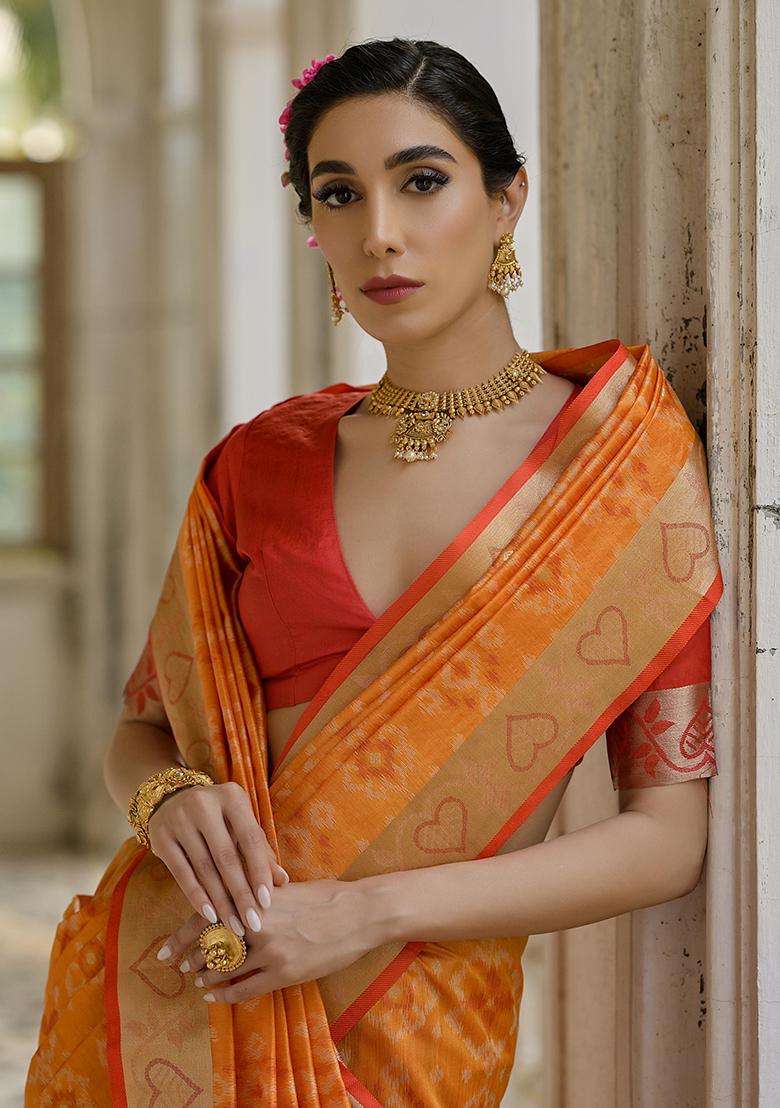 Mustard Printed Silk Saree Set