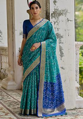 Teal Printed Silk Saree Set