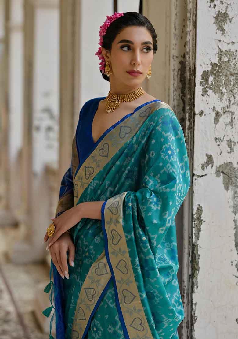 Teal Printed Silk Saree Set