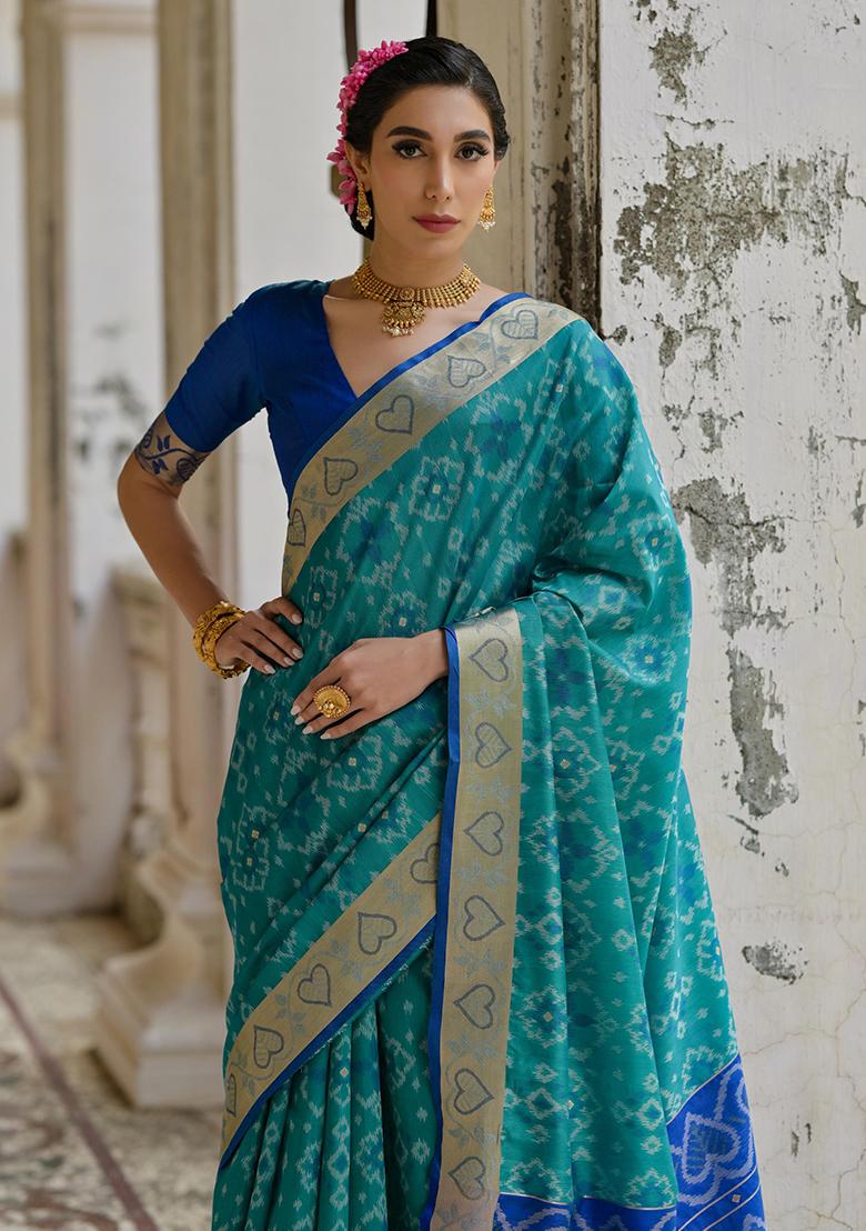 Teal Printed Silk Saree Set