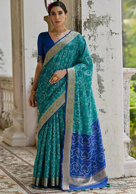 Teal Printed Silk Saree Set