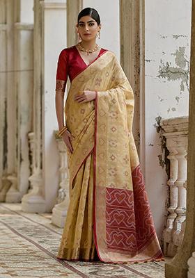 Beige Printed Silk Saree Set