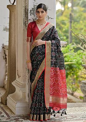 Black Printed Silk Saree Set