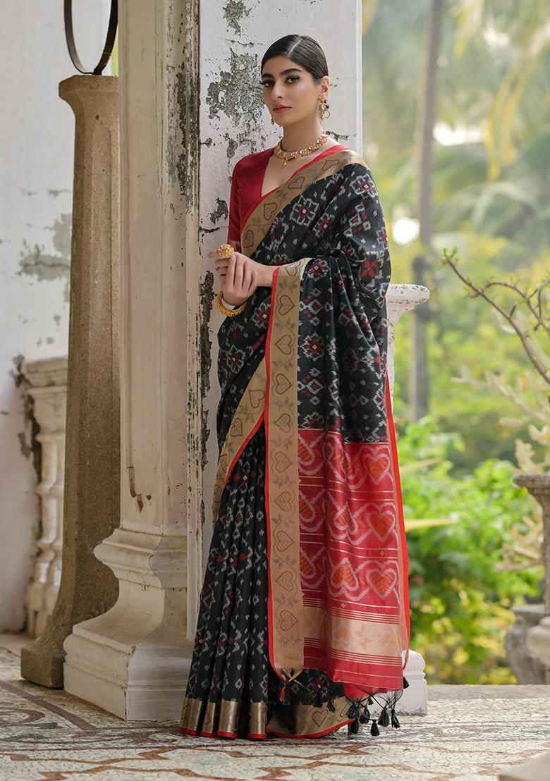 Black Printed Silk Saree Set