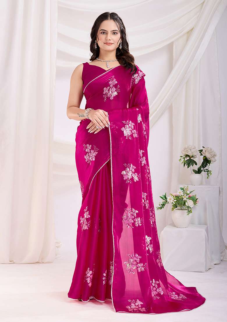 Pink Work Art Silk Saree Set with Sequin for Diwali | Wedding & Festive Wear - Indya