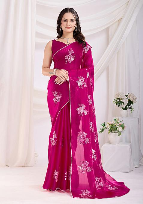 Pink Sequin Work Art Silk Saree Set