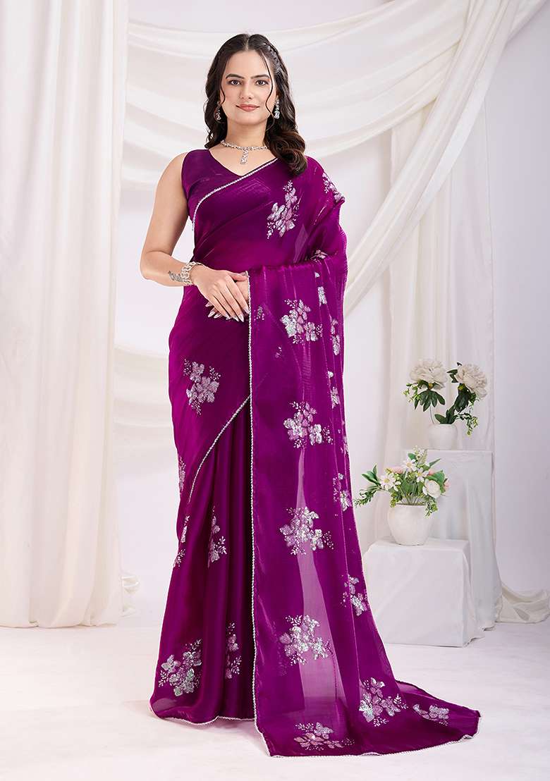 Purple Work Art Silk Saree Set with Sequin for Diwali | Wedding & Festive Wear - Indya