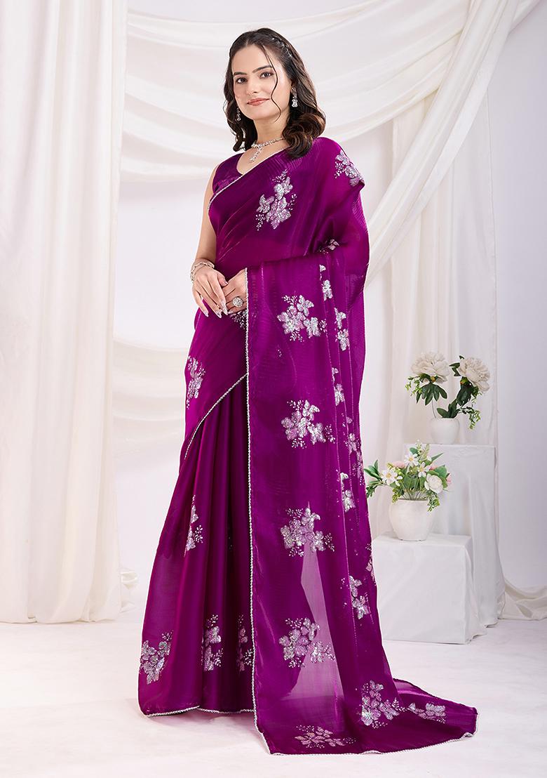 Purple Sequin Work Art Silk Saree Set