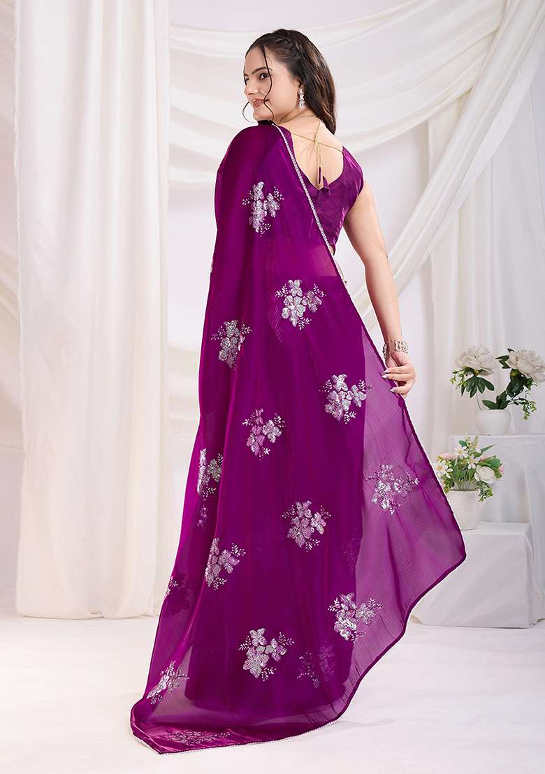 Purple Work Art Silk Saree Set with Sequin for Diwali | Wedding & Festive Wear - Indya