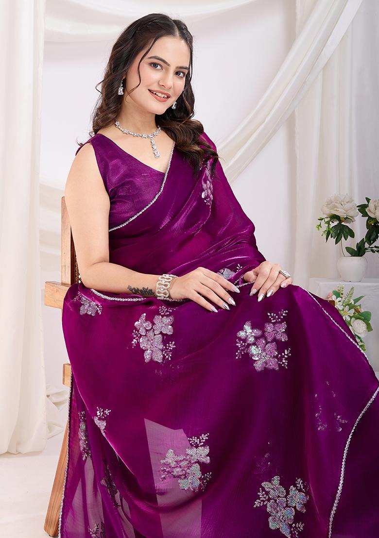 Purple Sequin Work Art Silk Saree Set