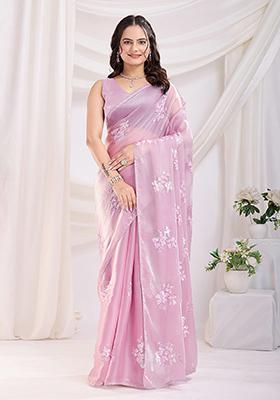 Pink Sequin Work Art Silk Saree Set