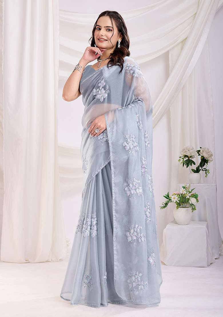 Grey Work Art Silk Saree Set with Sequin for Diwali | Wedding & Festive Wear - Indya