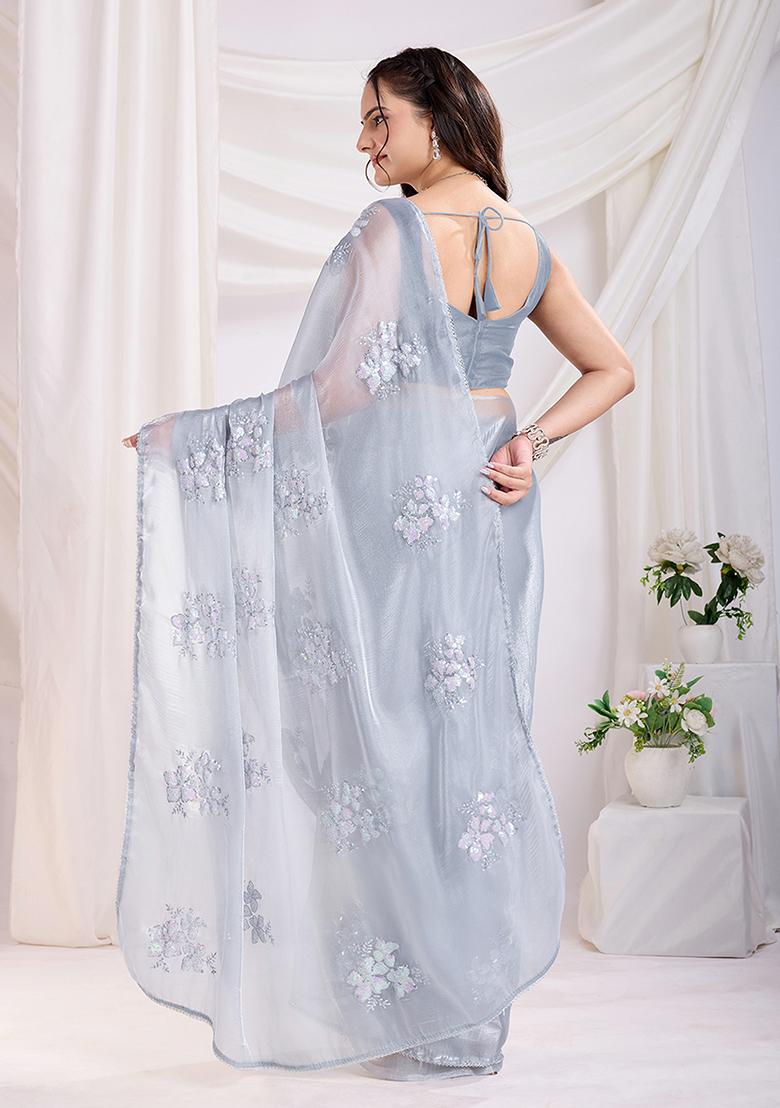 Grey Sequin Work Art Silk Saree Set