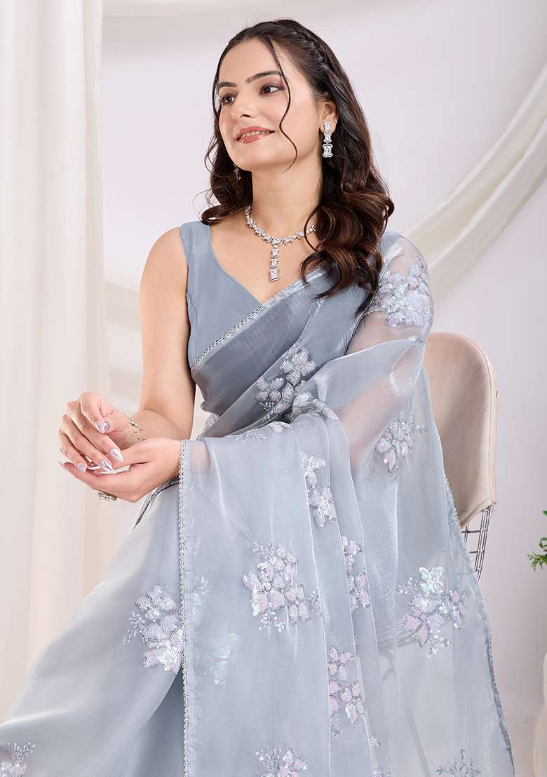 Grey Work Art Silk Saree Set with Sequin for Diwali | Wedding & Festive Wear - Indya