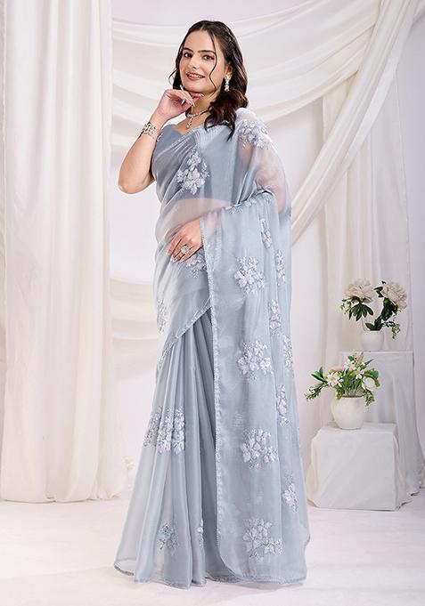 Grey Sequin Work Art Silk Saree Set