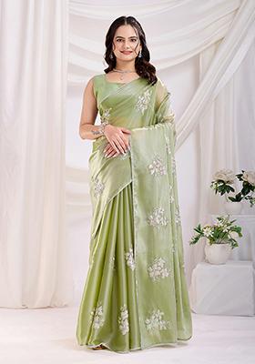 Green Sequin Work Art Silk Saree Set