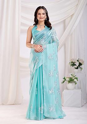 Sea Green Sequin Work Art Silk Saree Set