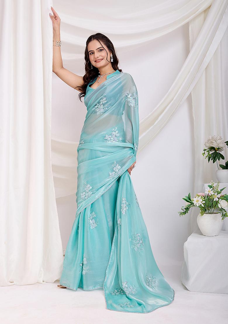 Sea Green Sequin Work Art Silk Saree Set