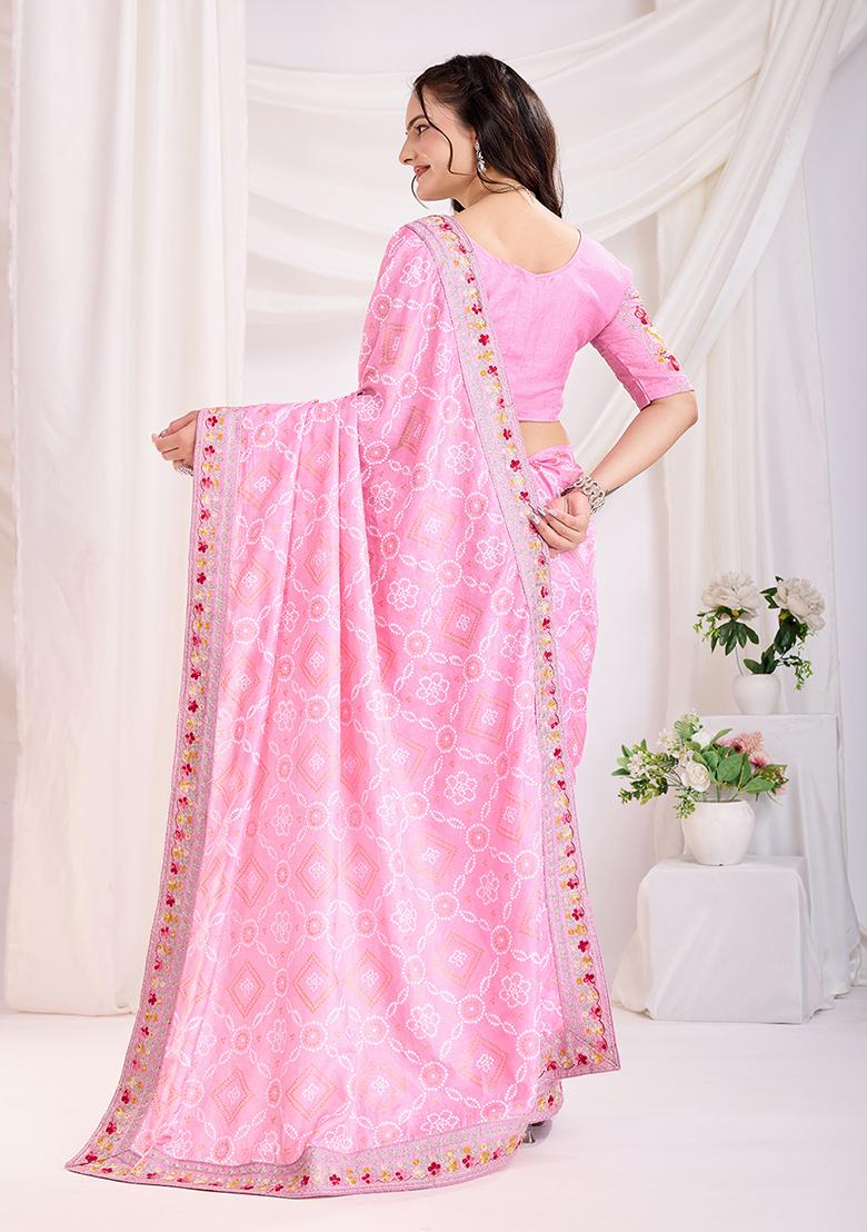 Pink Bandhani Art Silk Saree Set