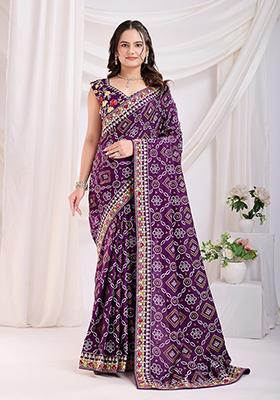 Violet Bandhani Art Silk Saree Set