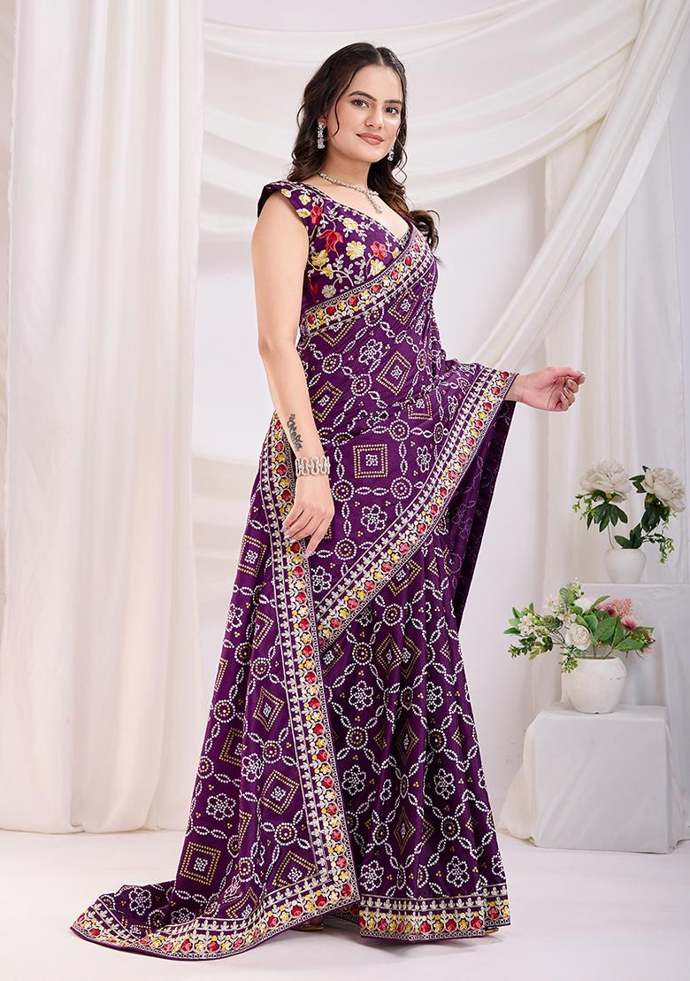 Violet Bandhani Art Silk Saree Set