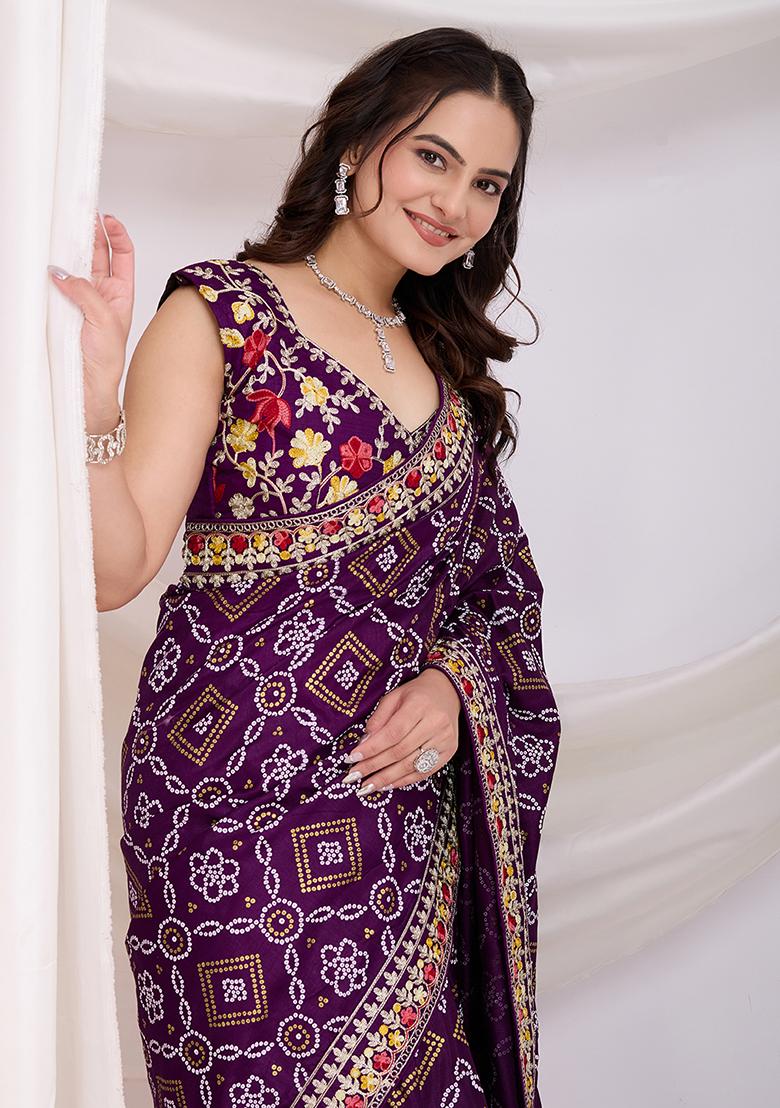 Violet Bandhani Art Silk Saree Set