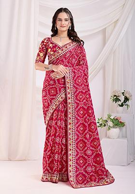 Red Bandhani Art Silk Saree Set