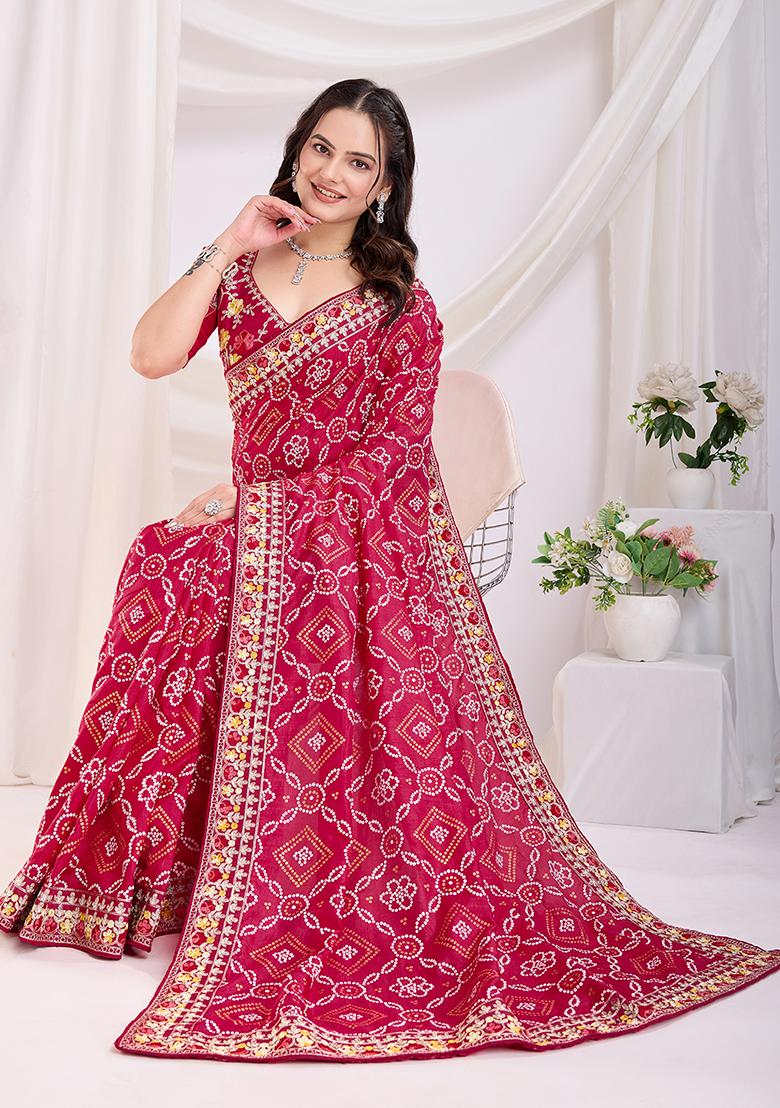 Red Bandhani Art Silk Saree Set