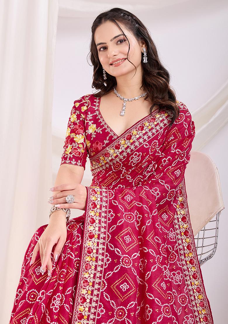 Red Bandhani Art Silk Saree Set