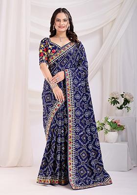 Blue Bandhani Art Silk Saree Set