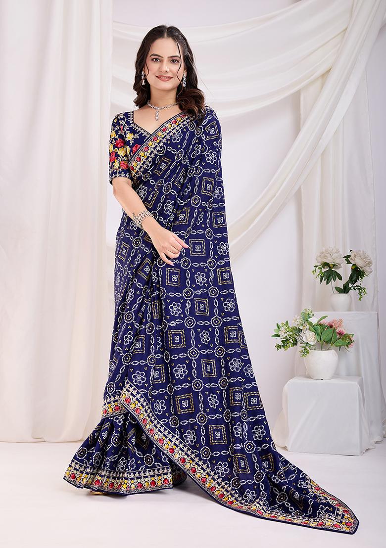Blue Bandhani Art Silk Saree Set