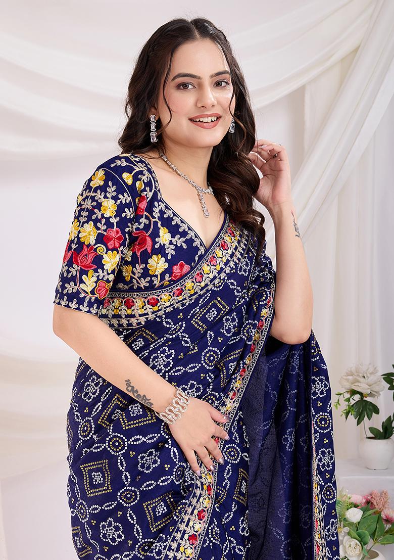 Blue Bandhani Art Silk Saree Set