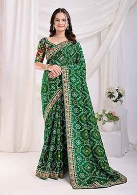 Green Bandhani Art Silk Saree Set