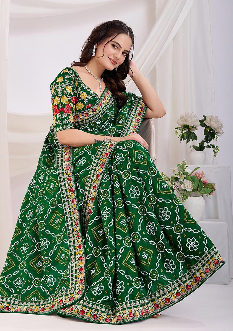 Green Bandhani Art Silk Saree Set