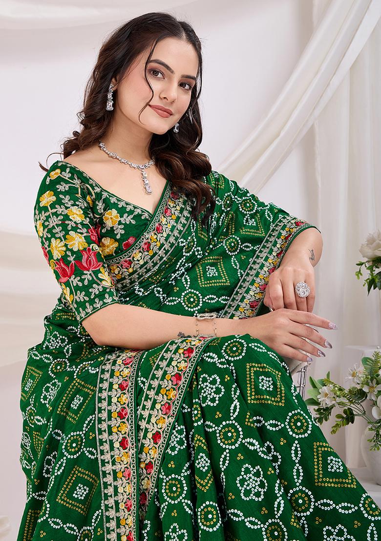 Green Bandhani Art Silk Saree Set