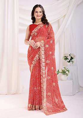 Red Sequin Work Georgette Saree Set