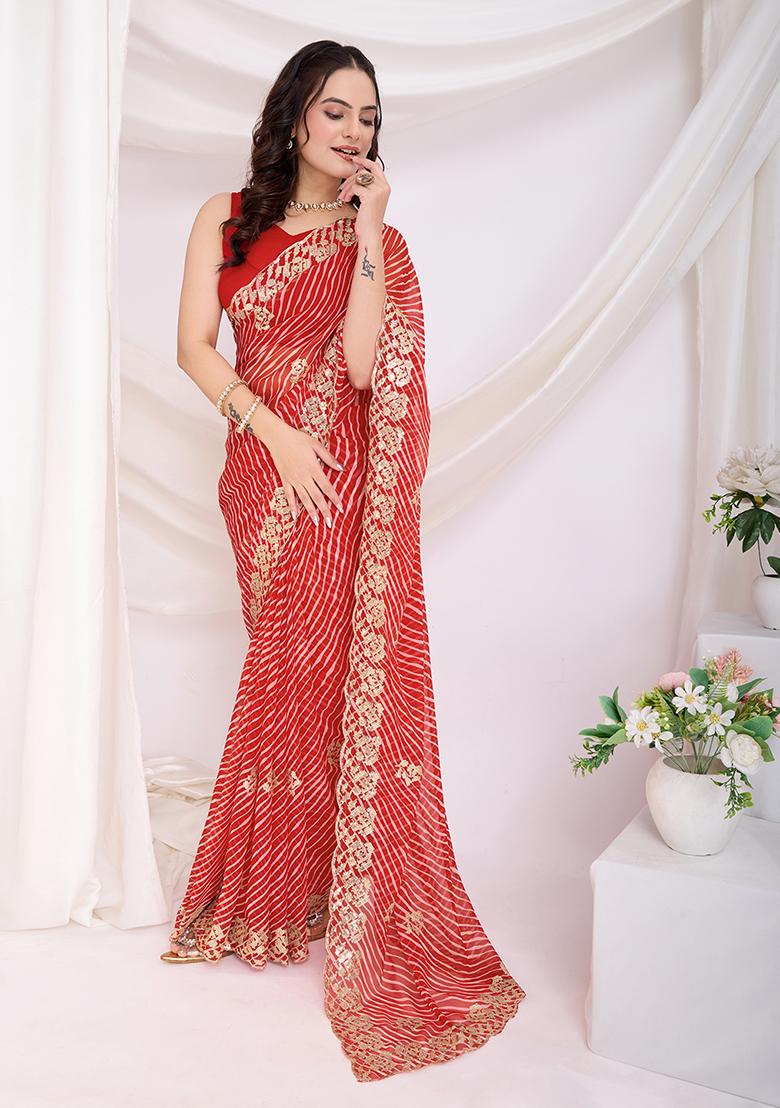 Red Sequin Work Georgette Saree Set