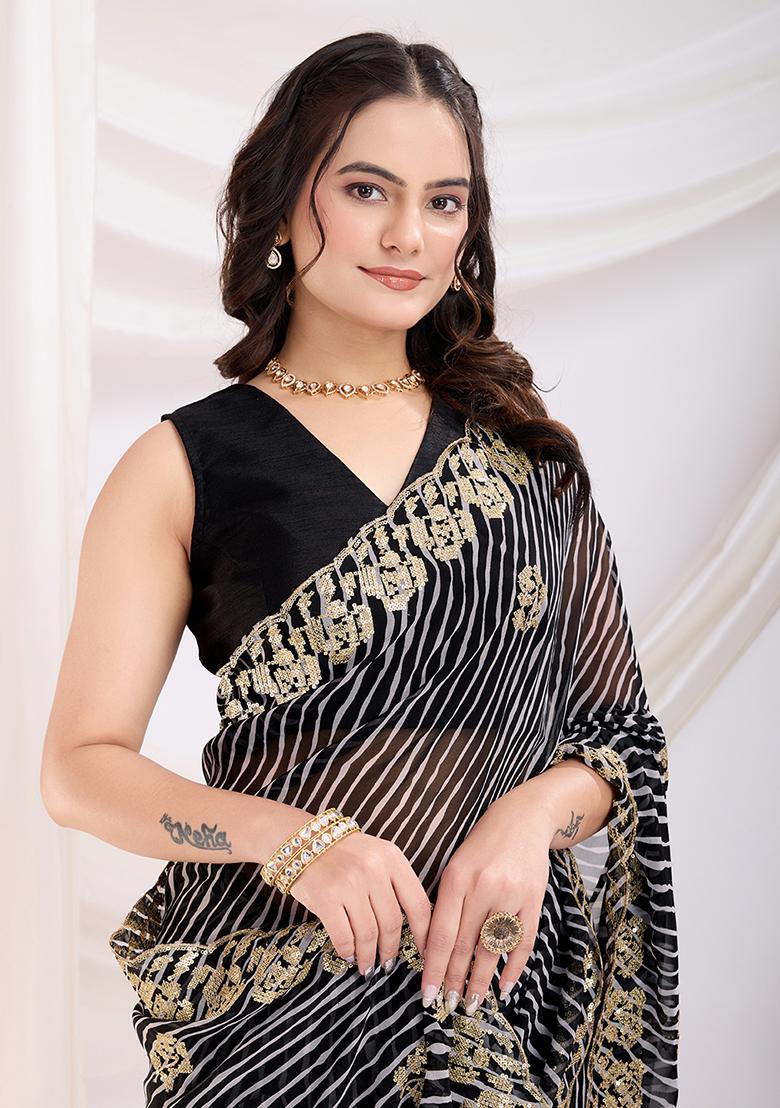 Black Sequin Work Georgette Saree Set