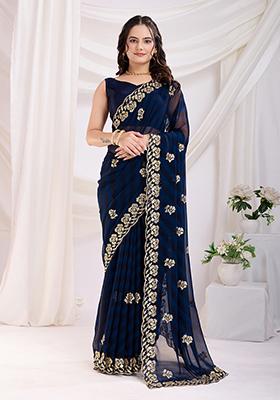 Blue Sequin Work Georgette Saree Set