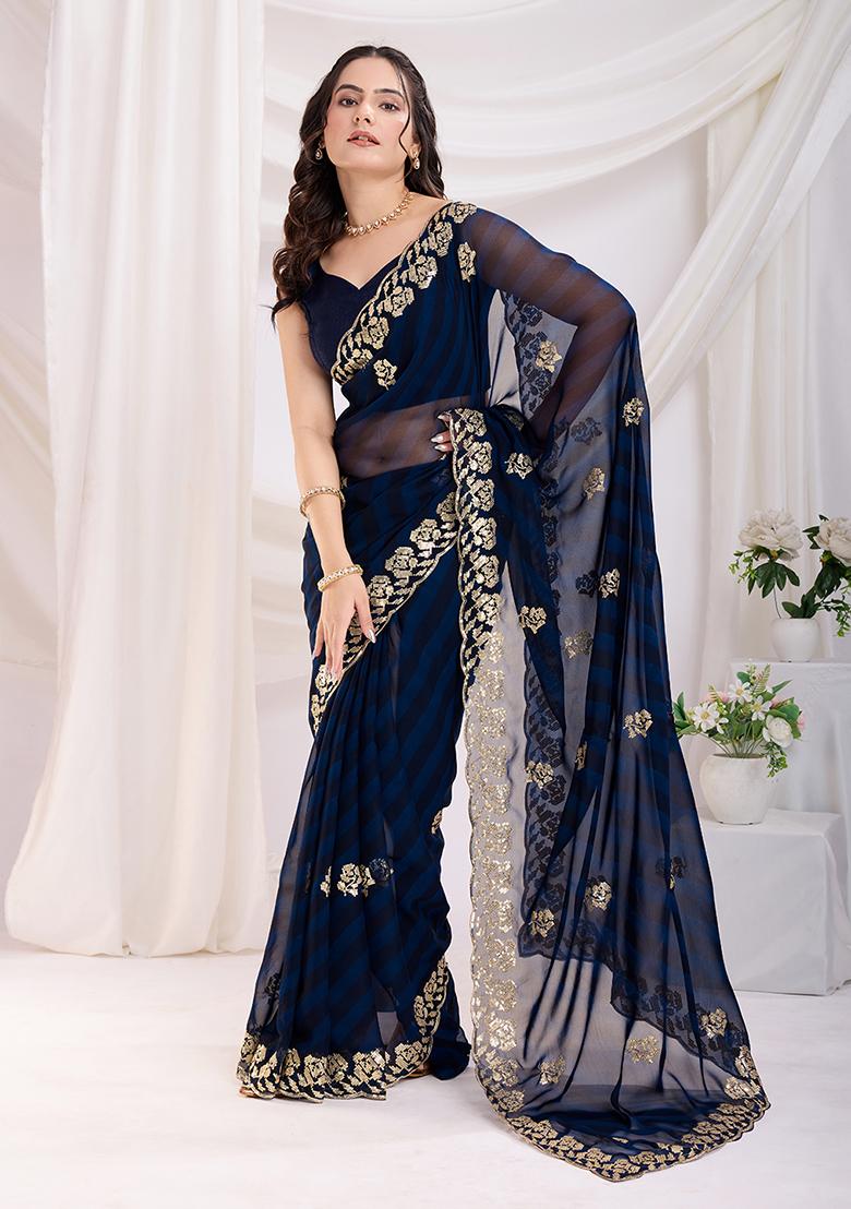 Blue Sequin Work Georgette Saree Set