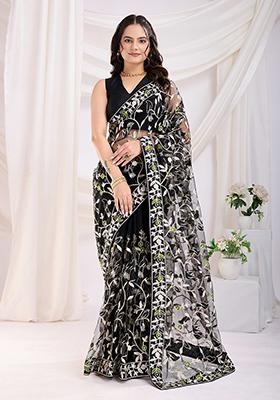Black Embroidered Net Saree Set