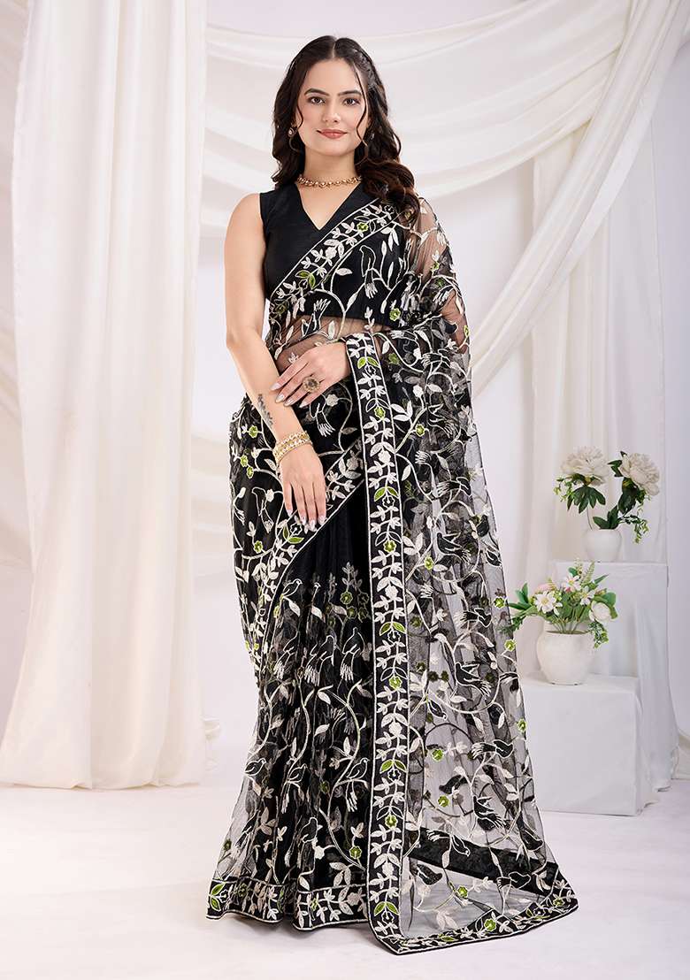 Black Net Saree Set with Embroidered for Diwali | Wedding & Festive Wear - Indya