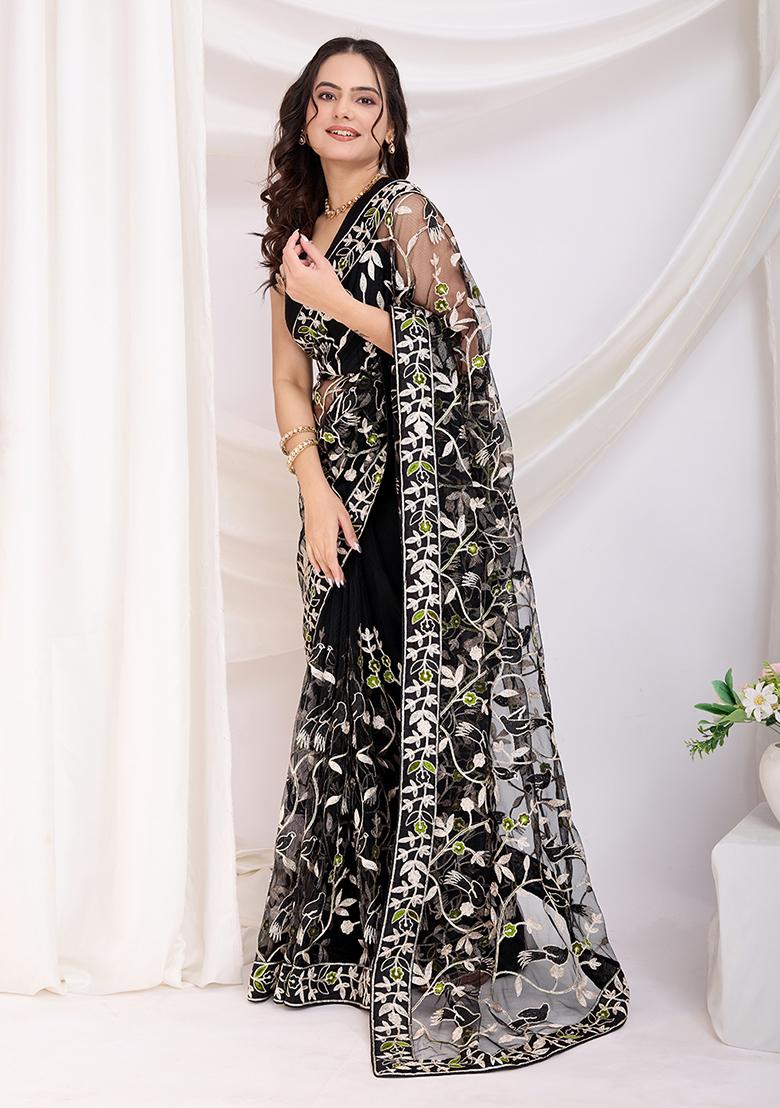 Black Embroidered Net Saree Set